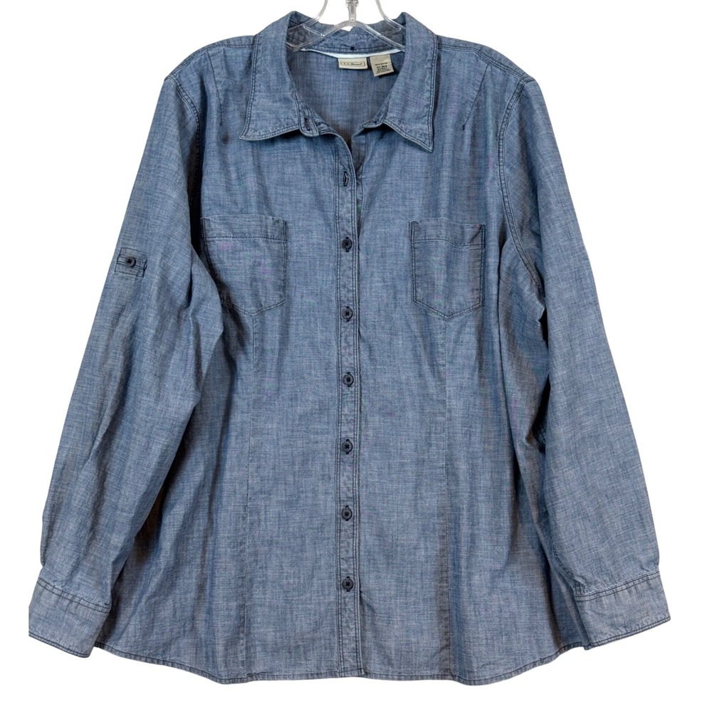 LL Bean Womens 2X Blue Cotton Chambray Roll Tab Sleeve Button Down Shirt Plus Sz